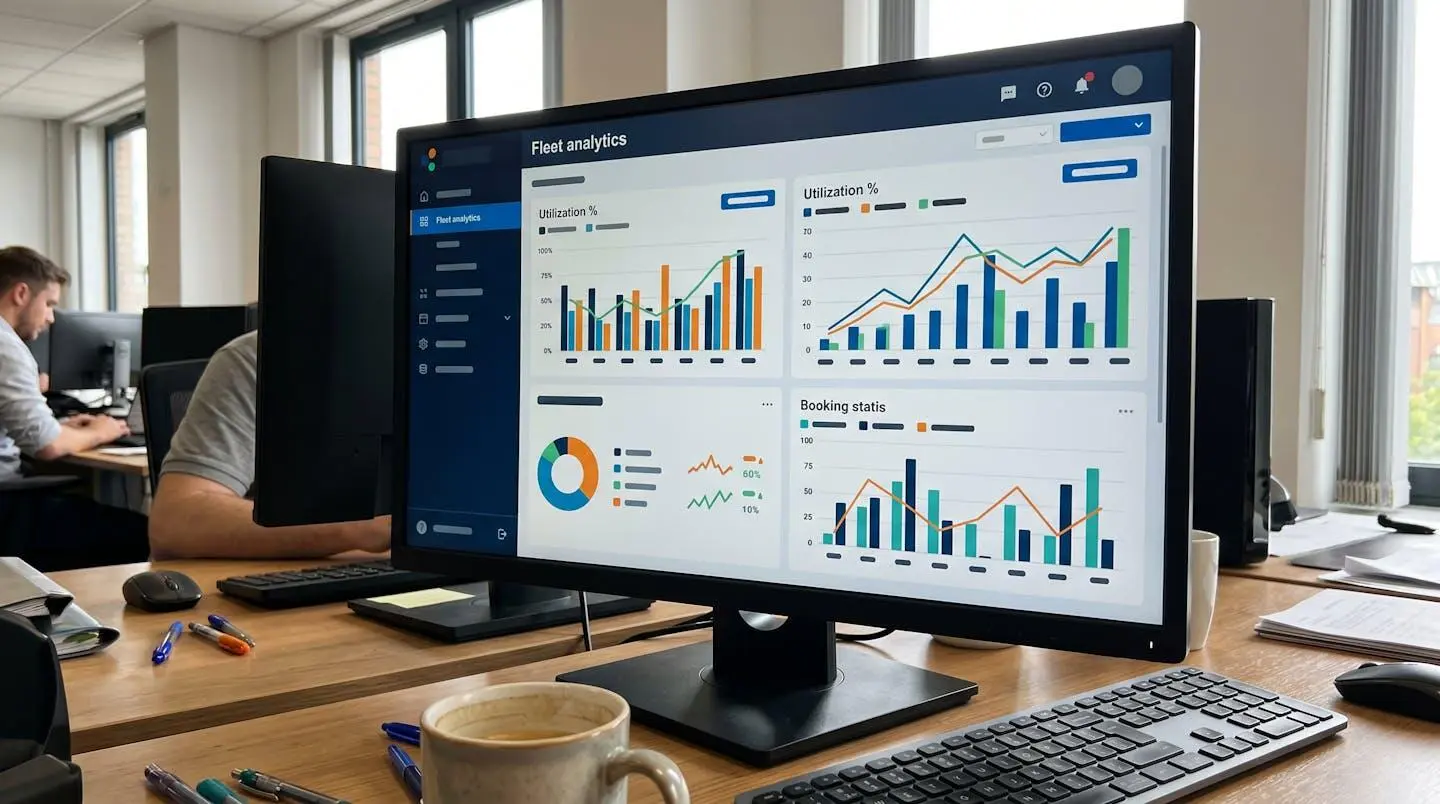Computer monitor displaying fleet management analytics dashboard with utilisation percentage graphs and booking performance statistics
