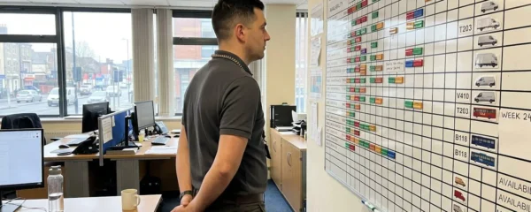 Fleet operations manager viewed from behind examining vehicle allocation planning board in contemporary rental office
