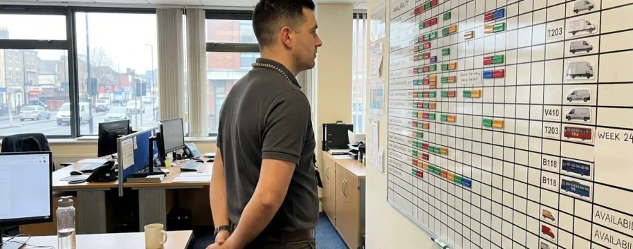 Fleet operations manager viewed from behind examining vehicle allocation planning board in contemporary rental office
