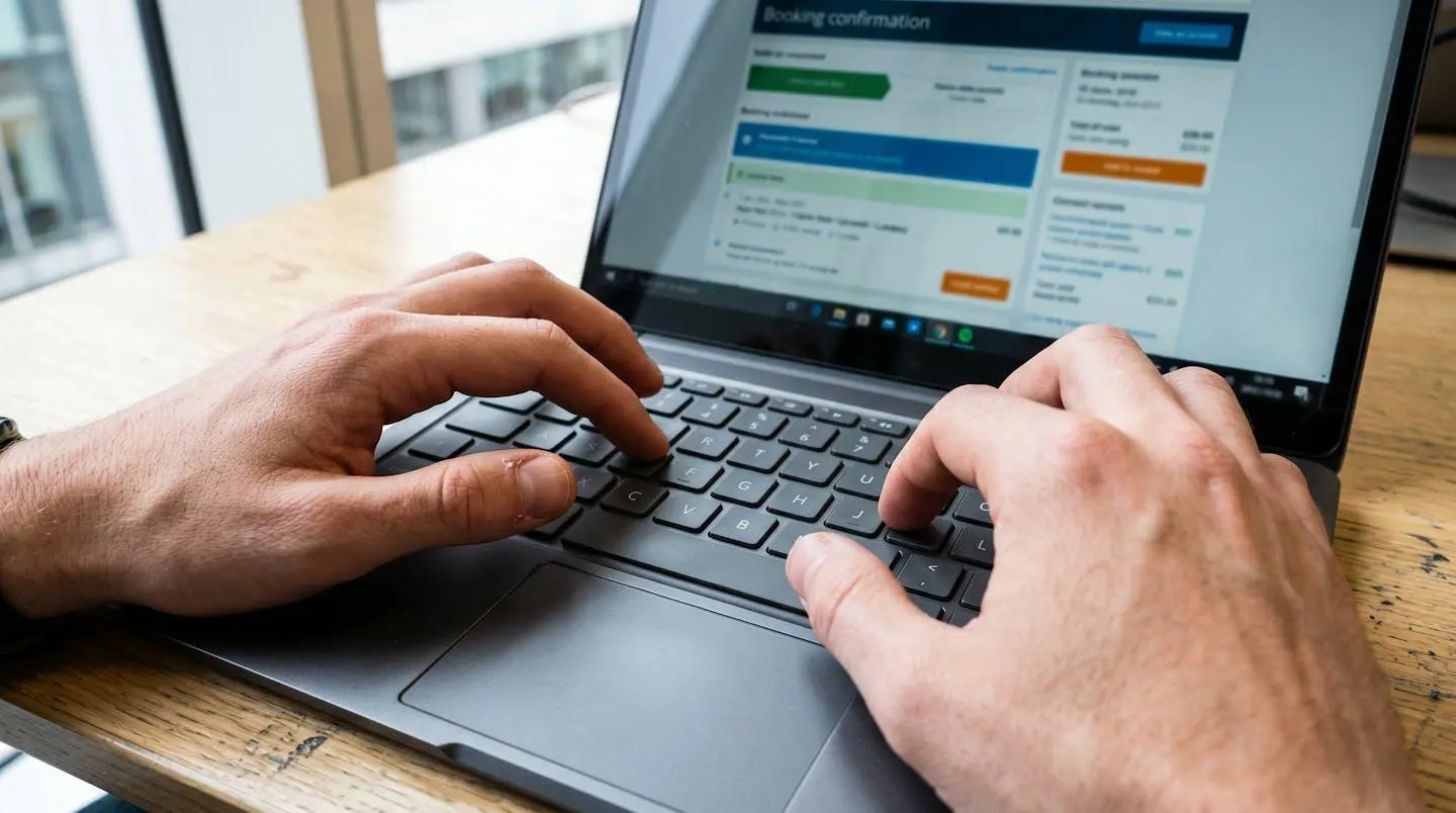 Close view of hands typing on laptop keyboard during online vehicle booking interaction